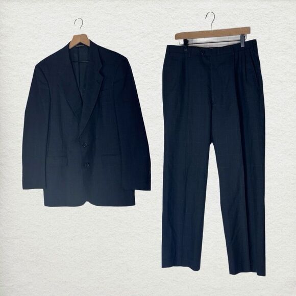 VTG Christian Dior Monsieur 40L 2 Button Pants Suit NavyCheck Wool 70s USA Made - Picture 1 of 14